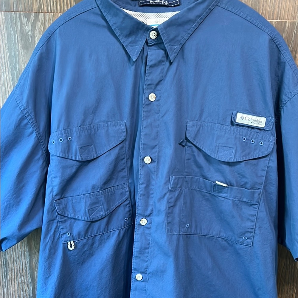 Columbia Men’s Bonehead PFG Fishing Shirt Blue Button-Up, Excellent Condition XL